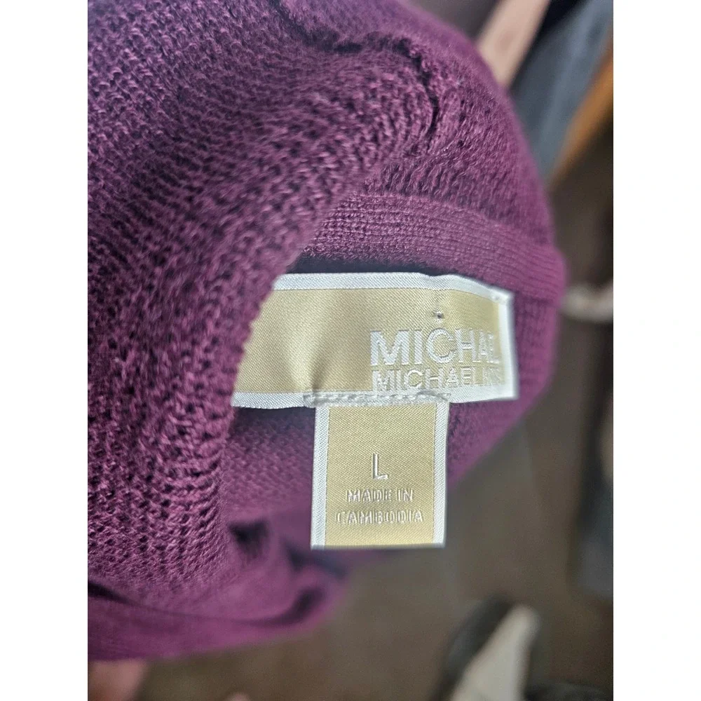 Quiet Luxury Michael Kors Waffle Knit Hoodie Womens L Purple Gold Logo Pullover